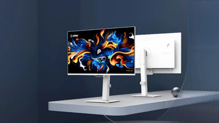 MSI PRO MAX 4K QD OLED monitor with white ergonomic stand and slim bezel design