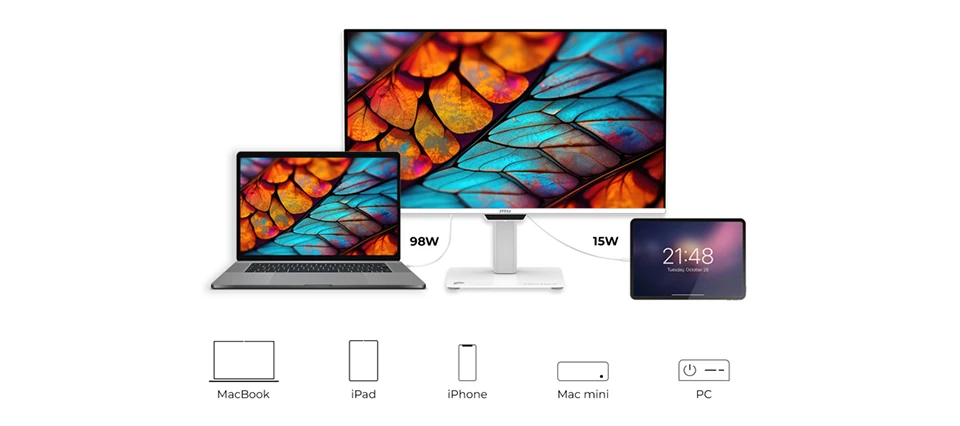 MSI PRO MAX monitor showing dual USB Type C connectivity with MacBook, iPad, iPhone, and PC support
