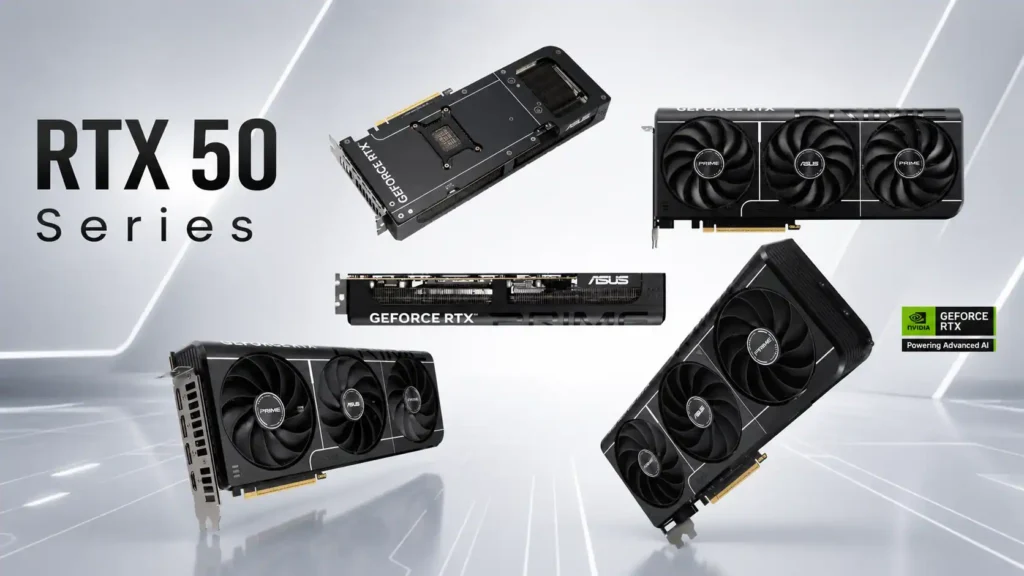 NVIDIA GeForce RTX 50 Series graphics cards showing multiple angles and cooling design layouts
