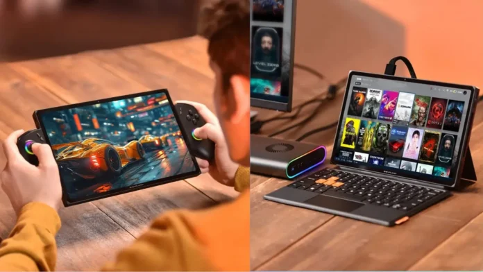 OneXPlayer X1 Pro handheld gaming PC used in handheld and laptop-style setup