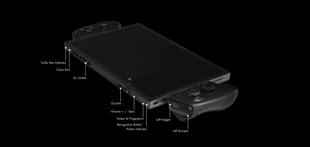OneXPlayer X1 Pro side view showing ports, buttons, triggers, and cooling vents