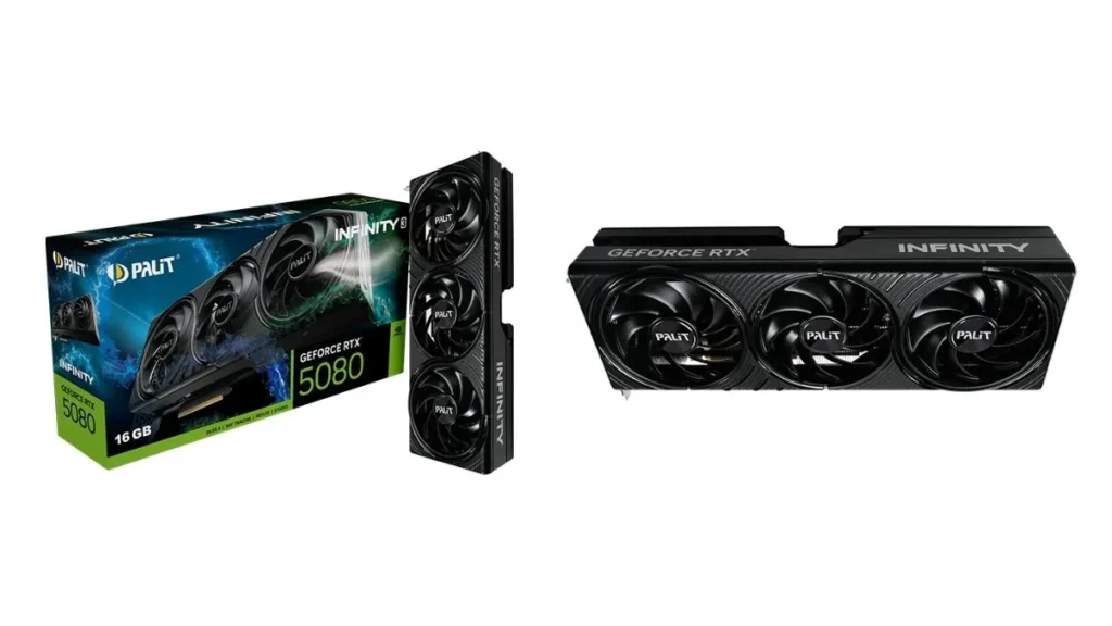 Palit RTX 5080 Infinity 3 graphics card with retail box and triple fan cooling system