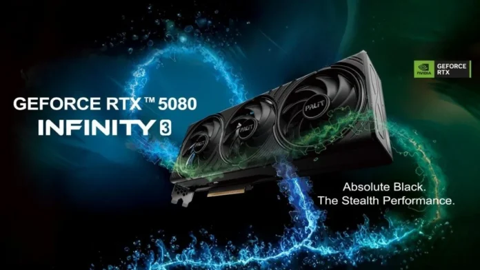 Palit GeForce RTX 5080 Infinity 3 triple fan GPU with black design and TurboFan 4.0 cooling