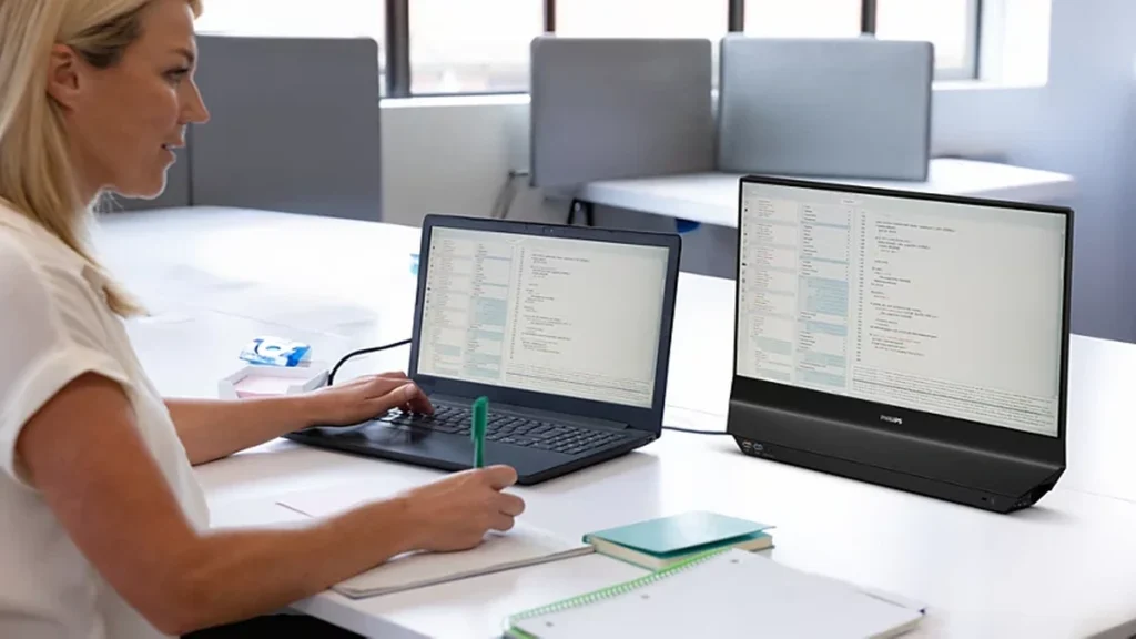 Philips Unveils the 24B2D5300, a Unique Business Monitor with Dual Side Displays 2 Customer facing setup with Philips 24B2D5300 dual-sided display" title="Philips 24B2D5300 Business Setup