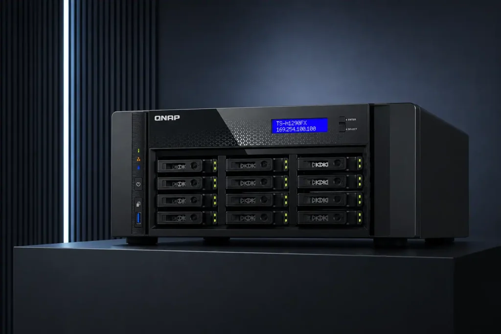 QNAP QAI-h1290FX AI NAS front view showing multiple drive bays and status display panel