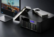 QNAP QAI-h1290FX AI NAS Pairs 6-Year-Old Zen 2 EPYC With 96GB Blackwell GPU+ QNAP QAI-h1290FX AI NAS connected with workstation and GPUs placed on top showing high-performance setup