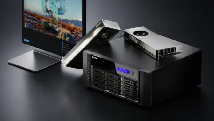 QNAP QAI-h1290FX AI NAS connected with workstation and GPUs placed on top showing high-performance setup