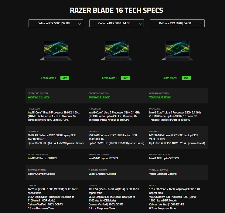 Razer Blade 16 2026 gaming laptop specs with RTX 5080 and RTX 5090 GPU options
