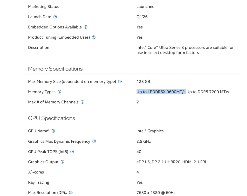 Razer Blade 16 specifications screenshot showing Intel Core Ultra Series 3 memory and GPU details