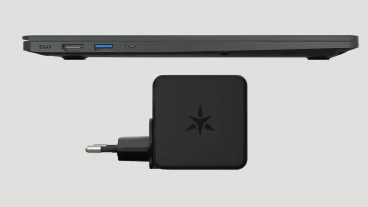 StarFighter Linux laptop ports and compact charger