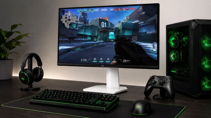 TCL FFALCON gaming monitor setup displaying Valorant gameplay beside RGB gaming PC