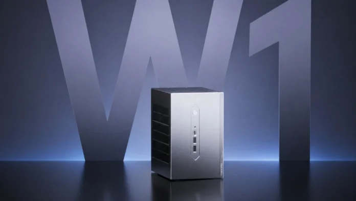 Topfeel W1 Mini PC shown in angled view highlighting compact metal chassis and front panel layout