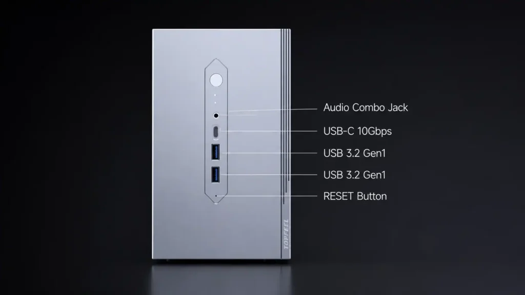Topfeel W1 Mini PC front view showing power button, USB-C port, USB-A ports, and audio jack