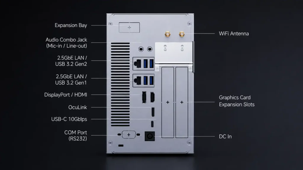 Topfeel W1 Mini PC rear view showing multiple USB ports, LAN ports, HDMI, DisplayPort, and expansion slots