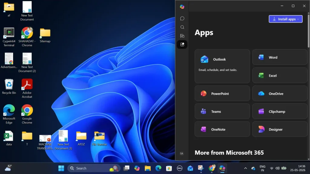 Microsoft Tests New Windows 11 Copilot Sidebar That Resizes Desktop Apps 2 Windows 11 desktop with Microsoft Copilot sidebar showing Office apps, OneDrive, Teams, and productivity tools