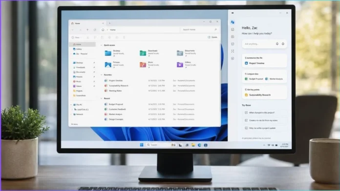 Windows 11 Copilot Sidebar Layout Windows 11 desktop showing a docked Copilot sidebar beside File Explorer with AI assistant tools and workspace resizing