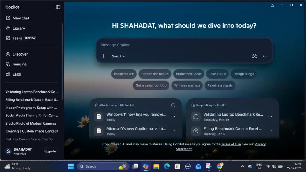 Microsoft Tests New Windows 11 Copilot Sidebar That Resizes Desktop Apps 1 Microsoft Copilot app running in a docked sidebar layout on Windows 11 desktop with task and chat panels