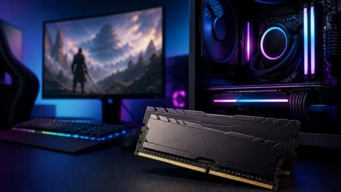Gaming PC with DDR5 RAM modules showing why 32GB RAM is recommended for Windows 11 gaming