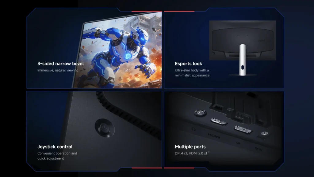 Xiaomi G25i 2026 gaming monitor showing slim bezels, esports design, joystick control, and connectivity ports