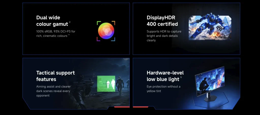 Xiaomi G25i 2026 monitor feature highlights including HDR400 certification, wide color gamut, tactical gaming support, and low blue light mode