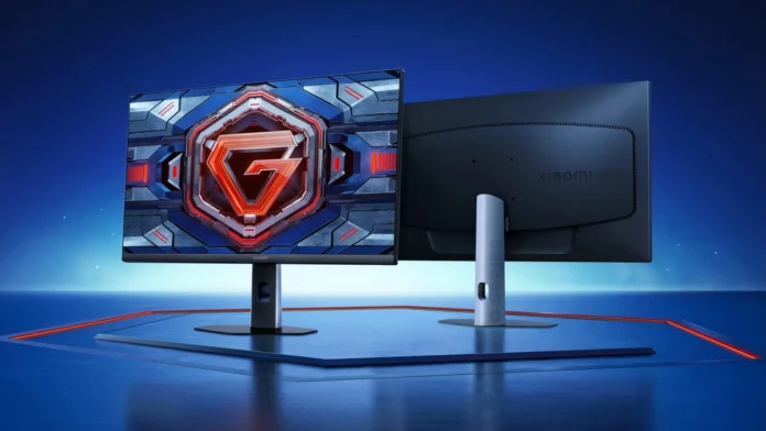 Front and rear view of the Xiaomi G25i 2026 gaming monitor on a blue esports-themed background