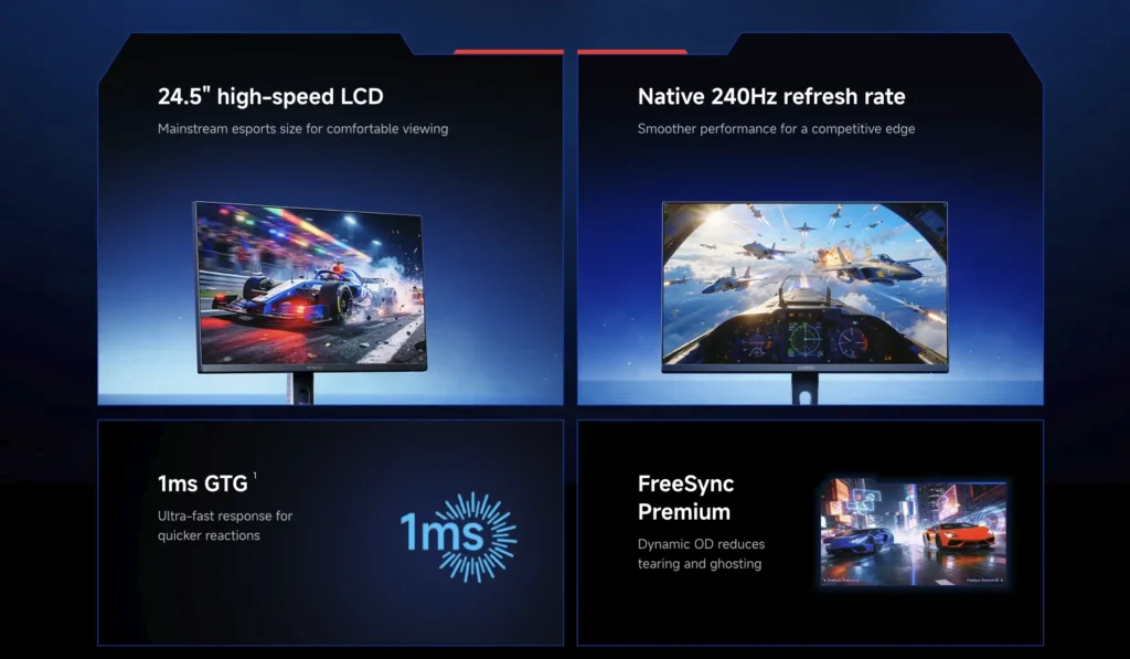 Xiaomi G25i 2026 monitor specifications highlighting 24.5-inch display, 240Hz refresh rate, 1ms response time, and FreeSync Premium