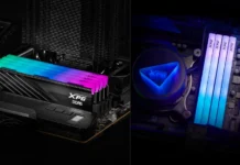 XPG NOVAKEY RGB DDR5 First Infinity Mirror RAM With 6400 MT/s CL30 XPG NOVAKEY RGB DDR5 memory installed on motherboard with colorful RGB lighting alongside CPU cooler