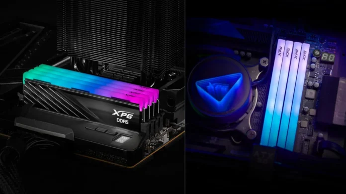 XPG NOVAKEY RGB DDR5 memory installed on motherboard with colorful RGB lighting alongside CPU cooler