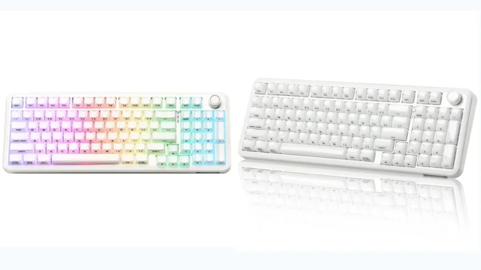 Two YUNZII X98 keyboards showing RGB and standard lighting modes