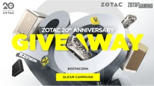 ZOTAC 20th Anniversary giveaway artwork featuring graphics cards and mini PCs