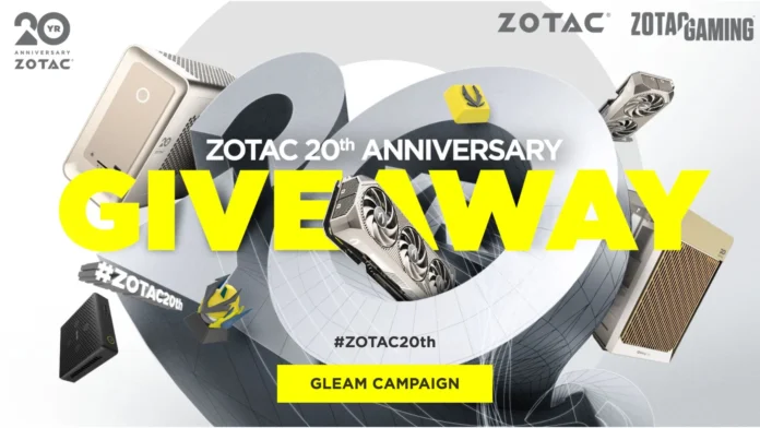 ZOTAC 20th Anniversary giveaway promotional artwork ZOTAC 20th Anniversary giveaway artwork featuring graphics cards and mini PCs