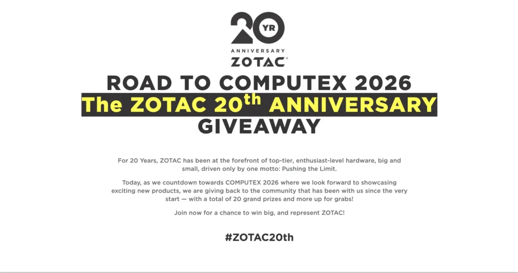 ZOTAC Celebrates 20th Anniversary of RTX 5080, 5070 Ti and and RTX 5070 GPUs 1 ZOTAC 20th Anniversary Road to Computex 2026 giveaway announcement banner
