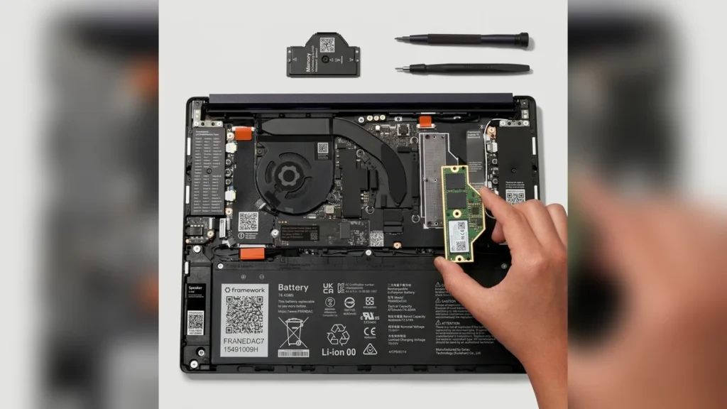 Framework Laptop 13 Pro Pre-Orders Hit with One-Month Delay Over Component Bugs 1 Framework Laptop 13 Pro internal components showing LPCAMM2 memory installation and upgradeable hardware