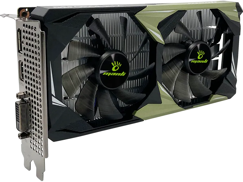 Close-up of the Manli GeForce RTX 3050 6GB with dual-fan cooling design