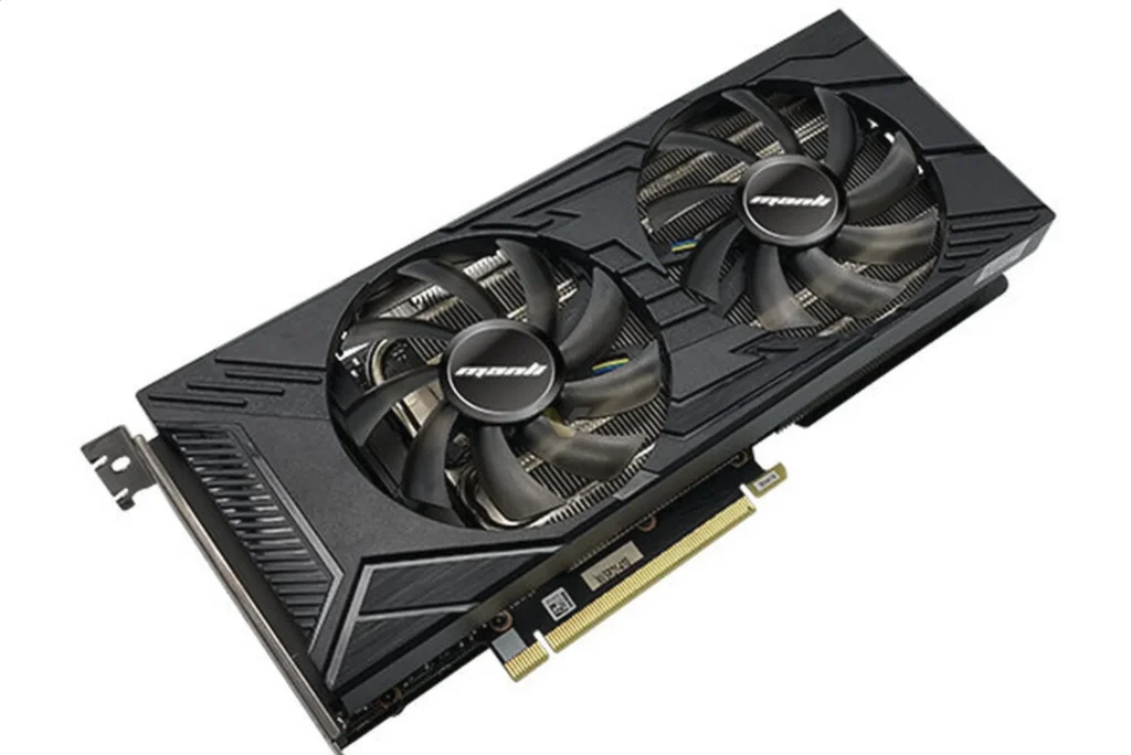 Angled view of the Manli GeForce RTX 3060 12GB graphics card with dual-fan cooler