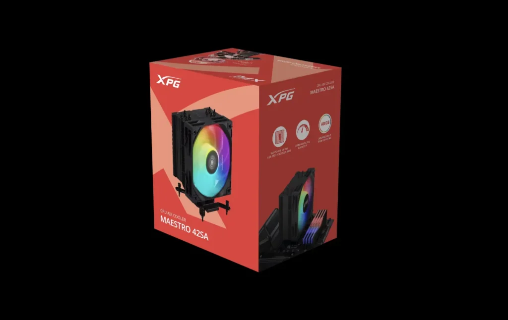XPG Releases INFINITY Fans and MAESTRO Air Coolers 5 XPG MAESTRO 42SA CPU air cooler retail packaging with ARGB cooling support