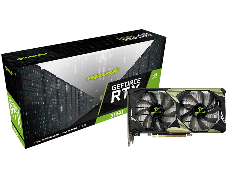 Manli GeForce RTX 3050 6GB graphics card alongside its retail packaging
