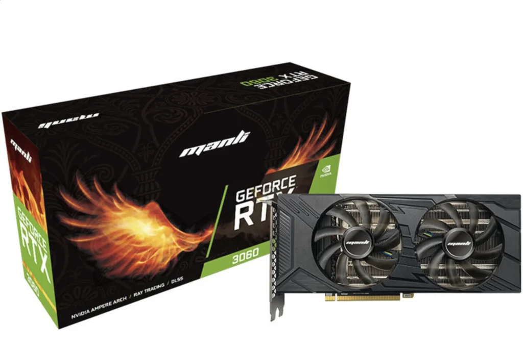 Manli GeForce RTX 3060 12GB graphics card displayed with its retail box