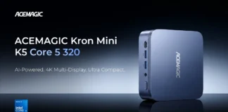 ACEMAGIC Kron Mini K5 Pairs Intel Wildcat Lake CPU with 16 TOPS NPU The ACEMAGIC Kron Mini K5 mini PC shown on its official promotional image with Core 5 320 text and a dark background.