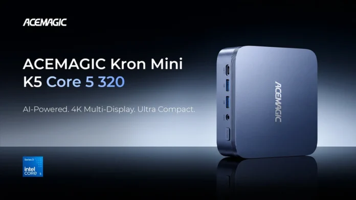 The ACEMAGIC Kron Mini K5 mini PC shown on its official promotional image with Core 5 320 text and a dark background.