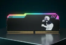 AGI Brings New DDR5 Memory and Storage Drives to Computex 2026 AGI DDR5 RGB memory module featuring anime-inspired artwork and illuminated RGB light bar on display.