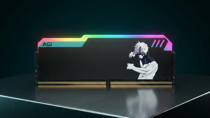 AGI Showcases Anime-Themed DDR5 RGB Memory at Computex 2026 AGI DDR5 RGB memory module featuring anime-inspired artwork and illuminated RGB light bar on display.
