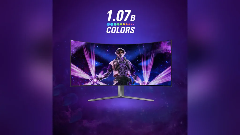 AOC AGON monitor demonstrating a wide color gamut with a 1.07 billion colors graphic on screen.