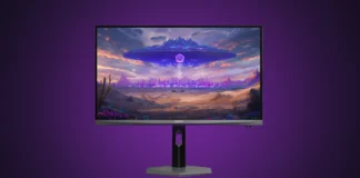 AGON PRO AGP277QKDC Monitor Combines Tandem WOLED with 720Hz Dual-Mode Front view of the AGON PRO AGP277QKDC gaming monitor showing a vibrant sci-fi wallpaper on the screen.