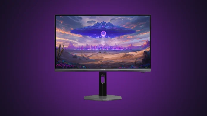 Front view of the AGON PRO AGP277QKDC gaming monitor showing a vibrant sci-fi wallpaper on the screen.