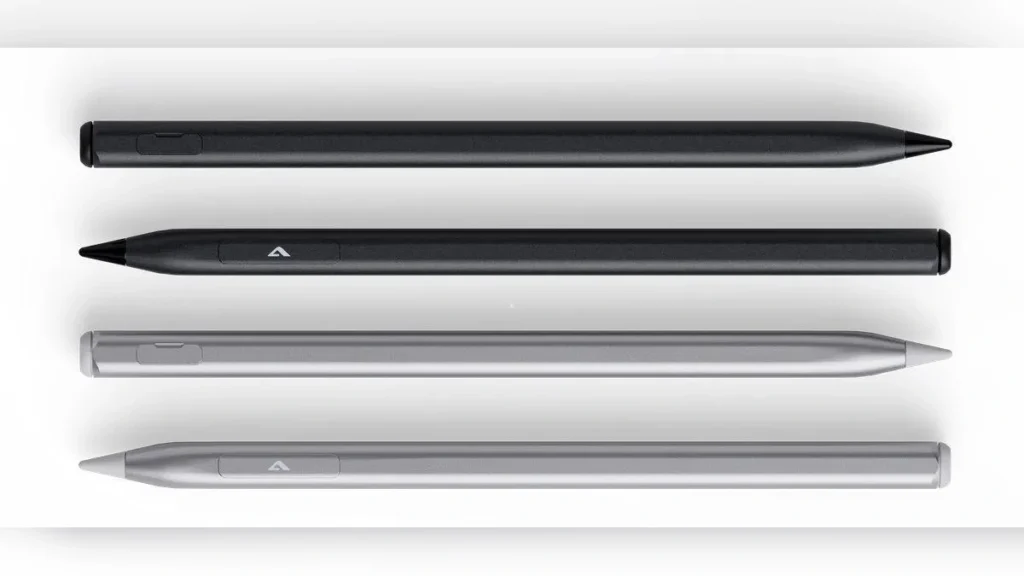 Four ALOGIC Active Stylus pens shown in Space Black and Silver colors, framed with a blurred background.