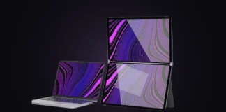 ALOGIC FOKUS Touchscreens and Folio Portable Monitors Launch at InfoComm 2026 The ALOGIC Folio Duo folding dual touchscreen connected to a laptop on a premium dark purple spotlight studio background.
