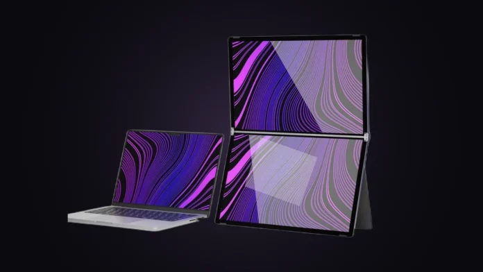 The ALOGIC Folio Duo folding dual touchscreen connected to a laptop on a premium dark purple spotlight studio background.