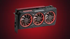 AMD Targets 2027 Launch for RDNA 5 Radeon RX 10800 XT 3 AMD Radeon RX 10800 XT graphics card with triple cooling fans and red LED accents on a premium red spotlight background.
