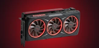 AMD Targets 2027 Launch for RDNA 5 Radeon RX 10800 XT AMD Radeon RX 10800 XT graphics card with triple cooling fans and red LED accents on a premium red spotlight background.